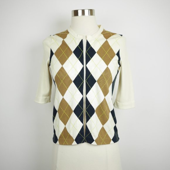 J.CREW Women's XS Beige black & brown diamond pattern cardigan sweater short slv - Picture 1 of 8